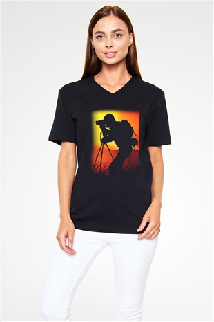 Fotoğrafçı Siyah Unisex V Yaka Tişört T-Shirt