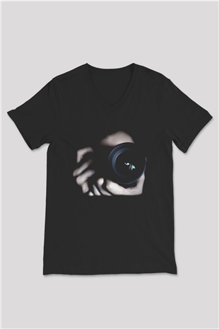 Fotoğrafçı Siyah Unisex V Yaka Tişört T-Shirt