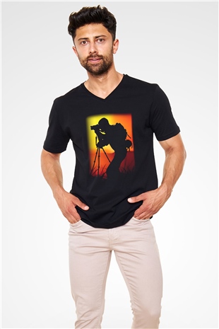 Fotoğrafçı Siyah Unisex V Yaka Tişört T-Shirt