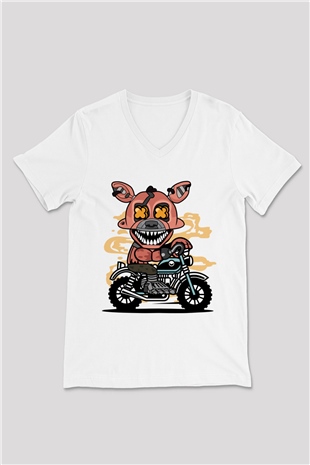 Foxy Motocross Baskılı Unisex Beyaz V Yaka Tişört