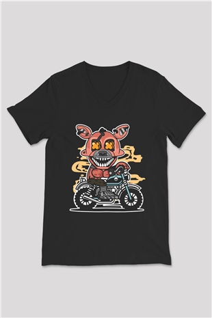 Foxy Motocross Baskılı Unisex Siyah V Yaka Tişört