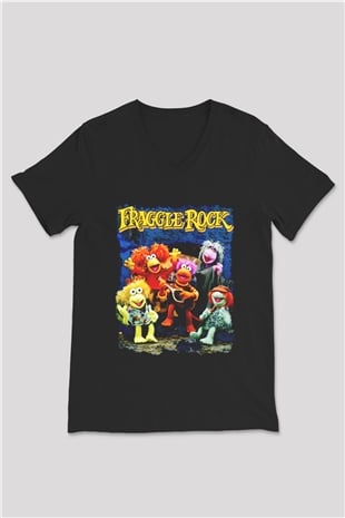 Fraggle Rock Siyah Unisex V Yaka Tişört