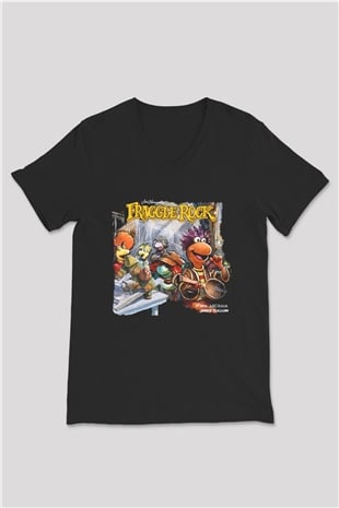 Fraggle Rock Siyah Unisex V Yaka Tişört