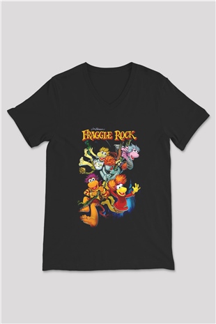 Fraggle Rock Siyah Unisex  V Yaka Tişört