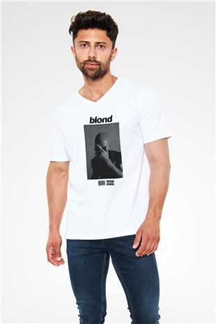 Frank Ocean Baskılı Beyaz Unisex V Yaka Tişört - Tshirt