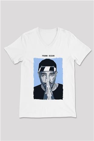 Frank Ocean Baskılı Beyaz Unisex V Yaka Tişört - Tshirt