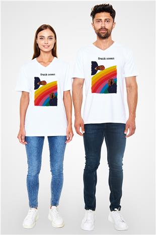 Frank Ocean Baskılı Beyaz Unisex V Yaka Tişört - Tshirt