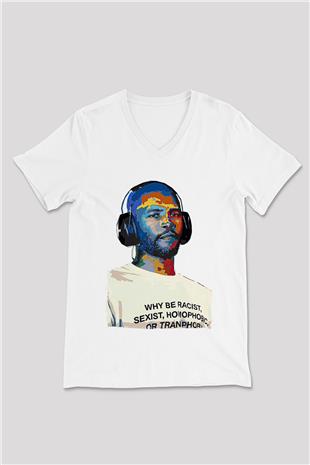 Frank Ocean Baskılı Beyaz Unisex V Yaka Tişört - Tshirt