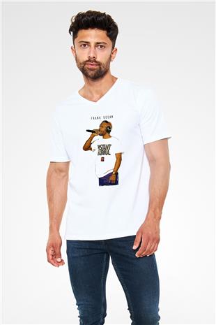 Frank Ocean Baskılı Beyaz Unisex V Yaka Tişört - Tshirt