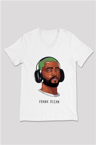 Frank Ocean Baskılı Beyaz Unisex V Yaka Tişört - Tshirt