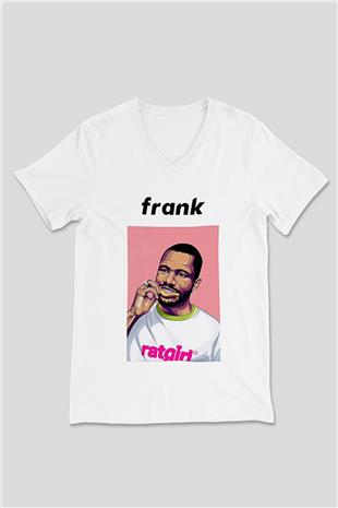 Frank Ocean Baskılı Beyaz Unisex V Yaka Tişört - Tshirt
