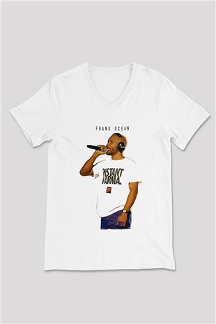 Frank Ocean Baskılı Beyaz Unisex V Yaka Tişört - Tshirt