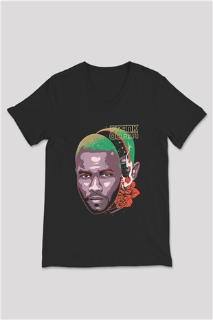 Frank Ocean Baskılı Unisex Siyah V Yaka Tişört - Tshirt