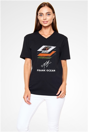 Frank Ocean Baskılı Unisex Siyah V Yaka Tişört - Tshirt