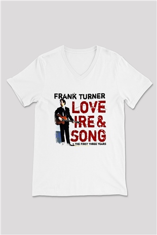 Frank Turner Baskılı Unisex Beyaz V Yaka Tişört