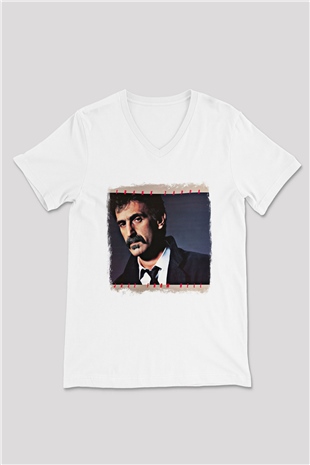 Frank Zappa Baskılı Unisex Beyaz V Yaka Tişört