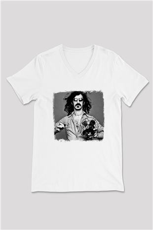 Frank Zappa Baskılı Unisex Beyaz V Yaka Tişört