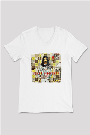 Frank Zappa Baskılı Unisex Beyaz V Yaka Tişört