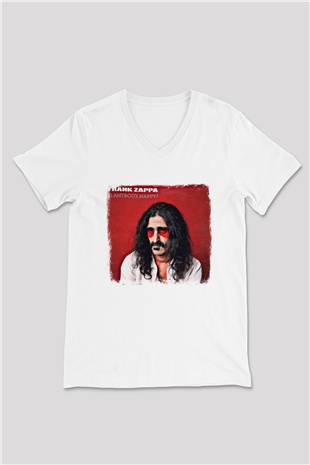 Frank Zappa Baskılı Unisex Beyaz V Yaka Tişört