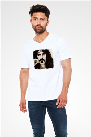 Frank Zappa Baskılı Unisex Beyaz V Yaka Tişört