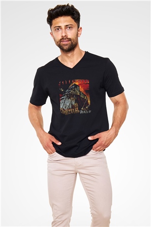Frank Zappa Baskılı Unisex Siyah V Yaka Tişört