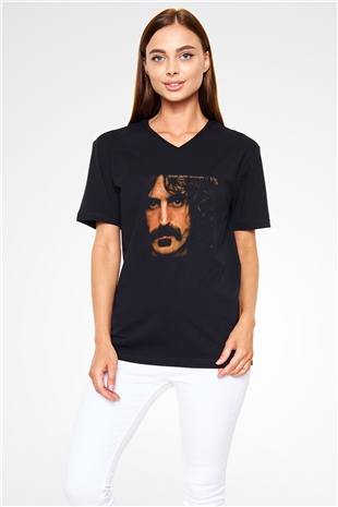 Frank Zappa Baskılı Unisex Siyah V Yaka Tişört