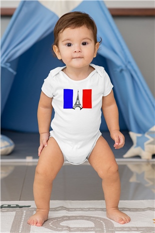 Fransa Baskılı Beyaz Unisex Bebek Body - Zıbın