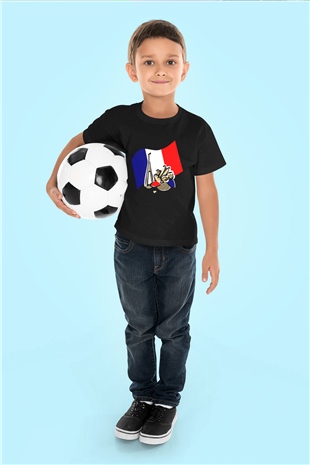 Fransa Baskılı Siyah Unisex Çocuk Tişört