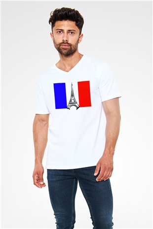 Fransa Beyaz Unisex V Yaka Tişört T-Shirt