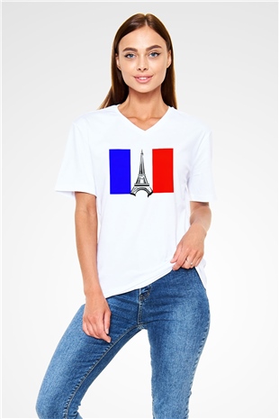 Fransa Beyaz Unisex V Yaka Tişört T-Shirt