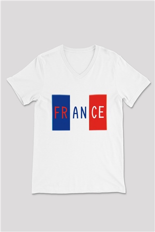 Fransa Beyaz Unisex V Yaka Tişört T-Shirt
