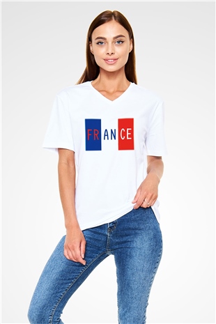 Fransa Beyaz Unisex V Yaka Tişört T-Shirt