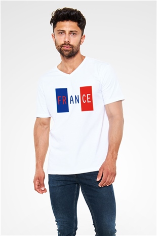 Fransa Beyaz Unisex V Yaka Tişört T-Shirt