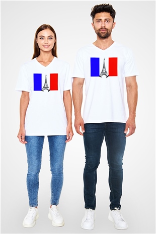 Fransa Beyaz Unisex V Yaka Tişört T-Shirt