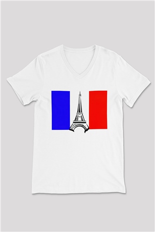 Fransa Beyaz Unisex V Yaka Tişört T-Shirt