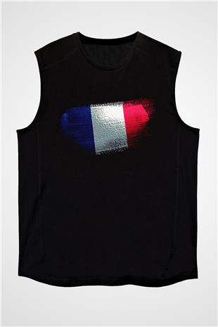 Fransa - France Bayrağı Baskılı Unisex Siyah Kolsuz Tişört