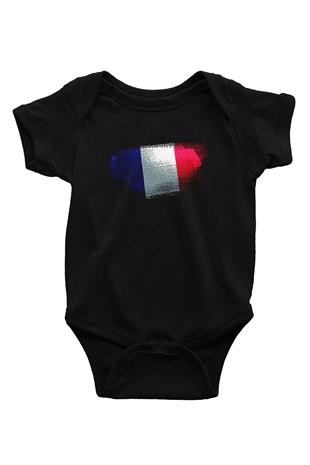 Fransa - France Bayrağı Baskılı Unisex Siyah Bebek Body - Zıbın