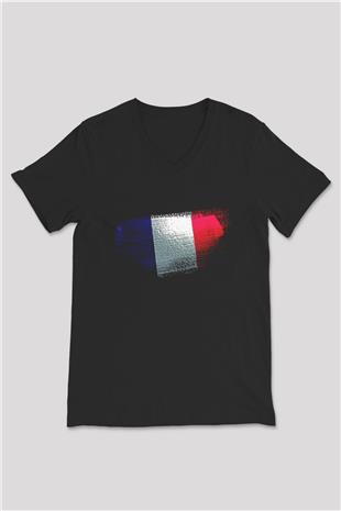 Fransa - France Bayrağı Baskılı Unisex Siyah V Yaka Tişört