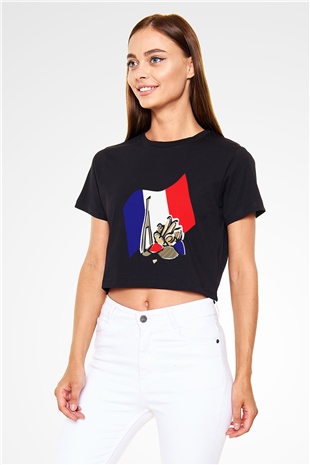 Fransa Siyah Crop Top Tişört
