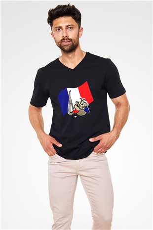 Fransa Siyah Unisex V Yaka Tişört T-Shirt