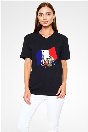 Fransa Siyah Unisex V Yaka Tişört T-Shirt