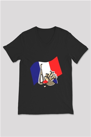 Fransa Siyah Unisex V Yaka Tişört T-Shirt