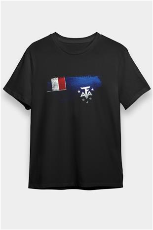 Fransız Güney Toprakları - French Southern Bayrağı Baskılı Unisex Siyah Tişört