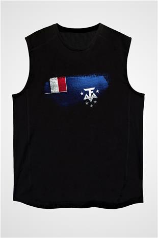 Fransız Güney Toprakları - French Southern Bayrağı Baskılı Unisex Siyah Kolsuz Tişört