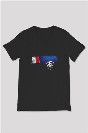 Fransız Güney Toprakları - French Southern Bayrağı Baskılı Unisex Siyah V Yaka Tişört