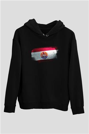 Fransız Polinezyası - French Polynesia Bayrağı Baskılı Unisex Siyah Hoodie