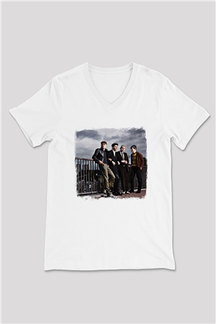 Franz Ferdinand Baskılı Unisex Beyaz V Yaka Tişört