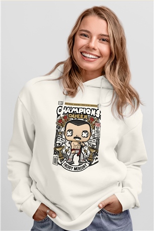 Freddy Mercuri Queen Baskılı Unisex Beyaz Hoodie
