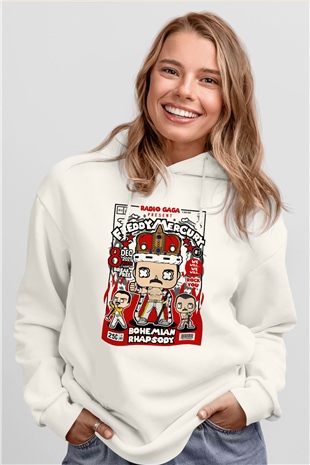 Freddy Mercury Baskılı Unisex Beyaz Hoodie