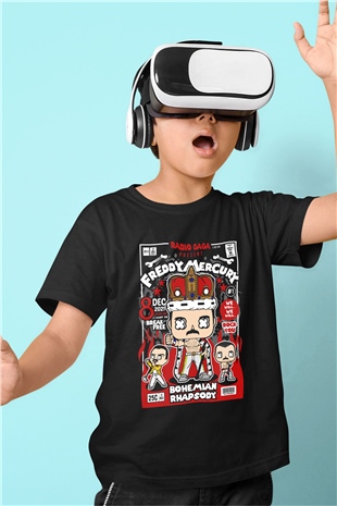 Freddy Mercury Baskılı Unisex Siyah Çocuk Tişört